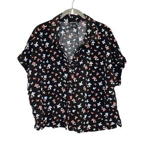 Hot Topic Mushroom & Nature Print Cropped Button Down Shirt Black Fairy Woodland